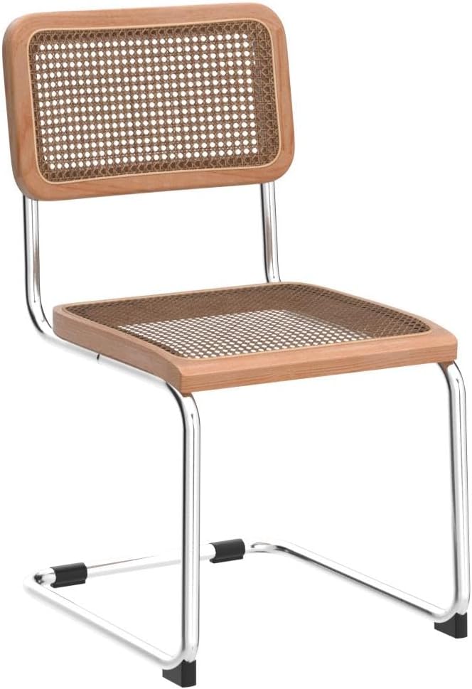 Alunaune Modern Mid Century Dining Chairs Set of 2, Upholstered Natural Rattan Kitchen Chairs Accent Chair, Armless Side Chairs with Metal Chrome Legs for Bedroom Living Room-Brown