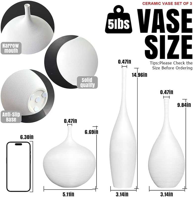 White Ceramic Vase Set of 3, Modern Boho Vases for Centerpiece Decor, Matte Minimalist Decorative White Vases Home Decor, for Living Room, Bookshelf, and Entryway Table Decor