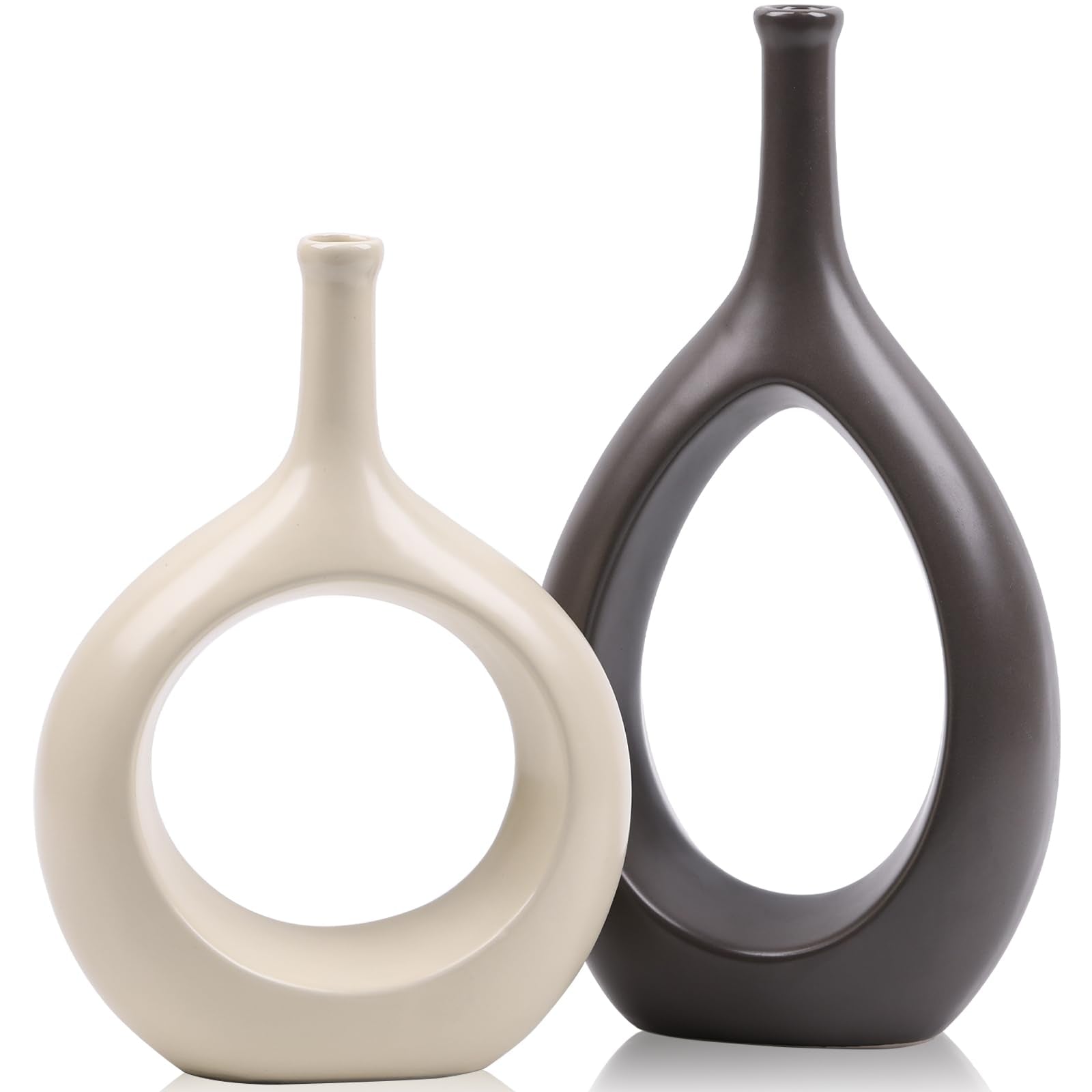 White and Gold Vase Ceramic White Vases Home Decor,Modern Minimalist Circle with Hole Decorative Vase, Hollow Ellipse Flower vases for Bookshelf, Fireplace Mantle, Centerpieces,Farmhouse,Rustic Décor