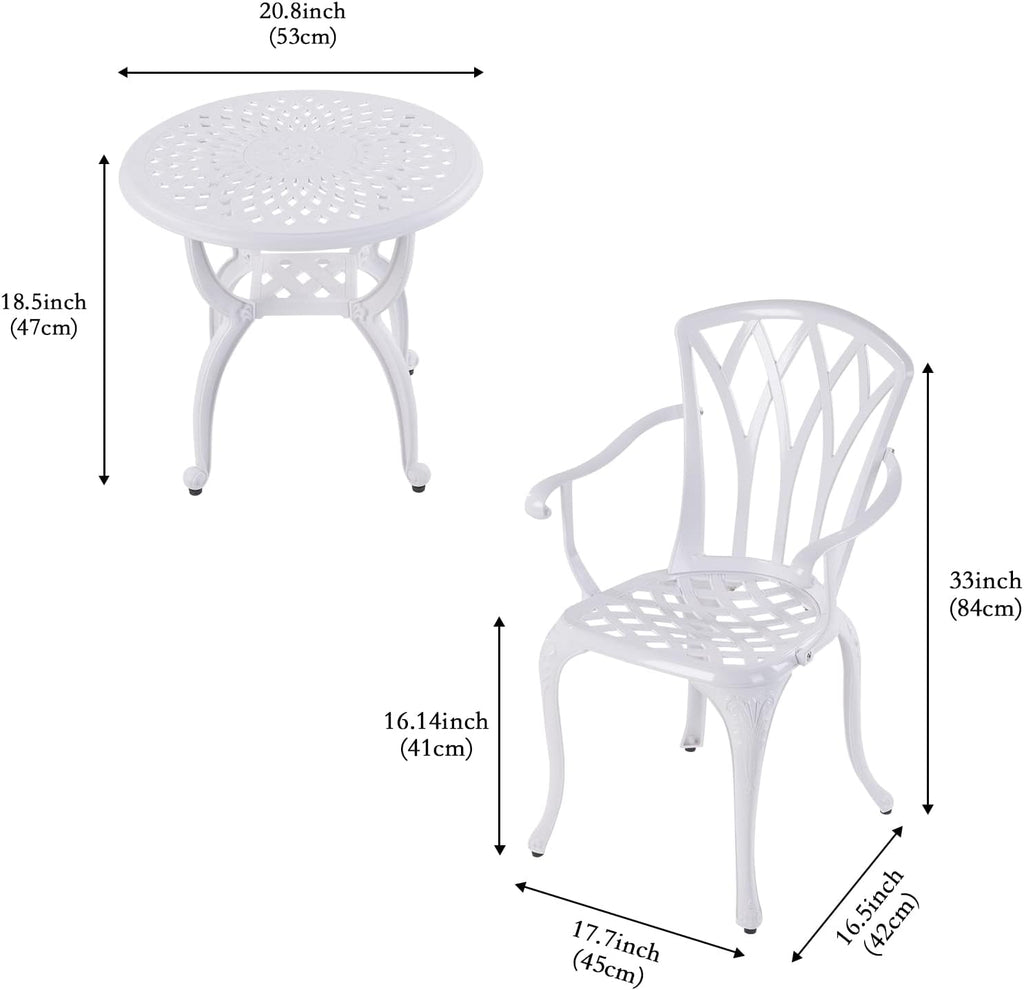 YKSY&YKSY Jardin DE CENTENNAIL 3-Piece Outdoor Bistro Set Cast Aluminum Rust-Resistant Patio Furniture Armchairs Design (White) 1