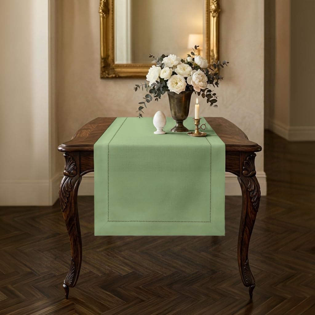 Signature Linen™ by D'Moksha White Table Runner 84 Inches Long, 100% Pure Linen, Hemstitch, 14 x 84 Inch Table Runner for Dresser, Dining- Summer, Father's & Independence Day