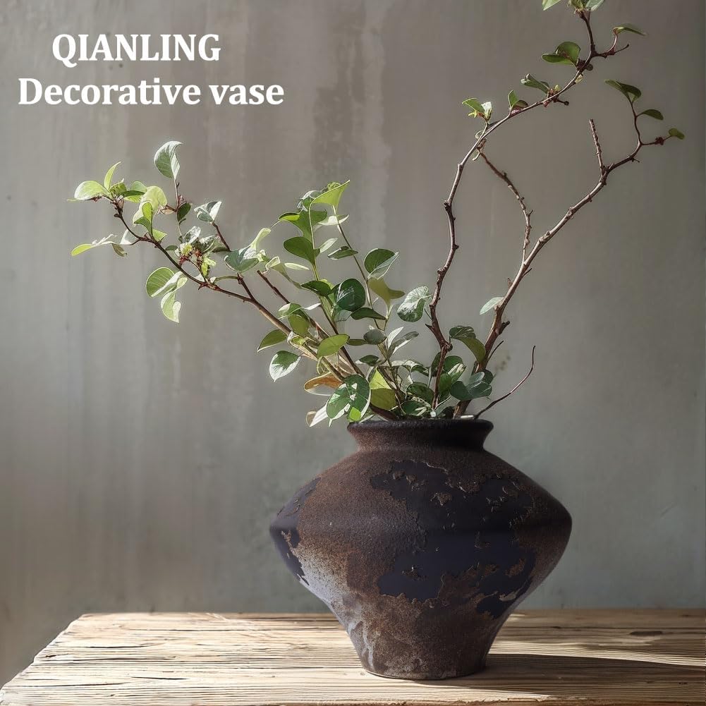 Wabi Sabi Rusty Vintage Vase, 6.3" Tall Wabi Sabi Decor Rustic Farmhouse Pottery Vase for Centerpiece, Textured Pottery Flower Vases for Home Decorative, Table, Living Room, Bedroom, Bathroom, Kitchen