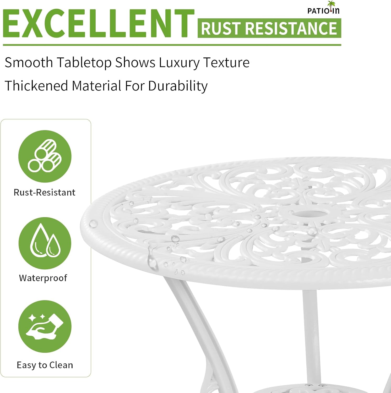 Outdoor Bistro Table and Chairs Set of 2, White Metal Patio Bistro Set, Cast Aluminum Bistro Set 3 Piece Outdoor with Umbrella Hole, 3 Piece Outdoor Bistro Set for Balcony Garden Porch