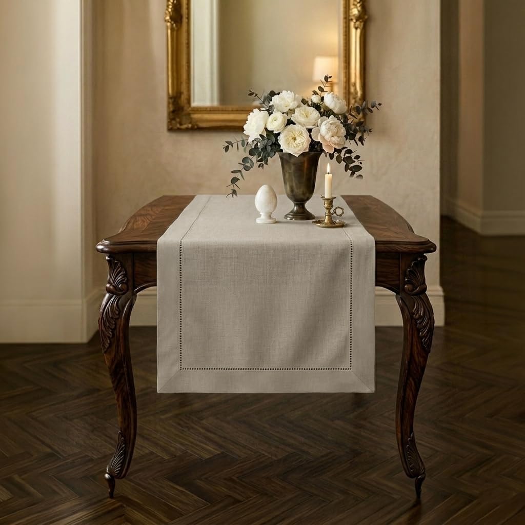 Signature Linen™ by D'Moksha White Table Runner 84 Inches Long, 100% Pure Linen, Hemstitch, 14 x 84 Inch Table Runner for Dresser, Dining- Summer, Father's & Independence Day