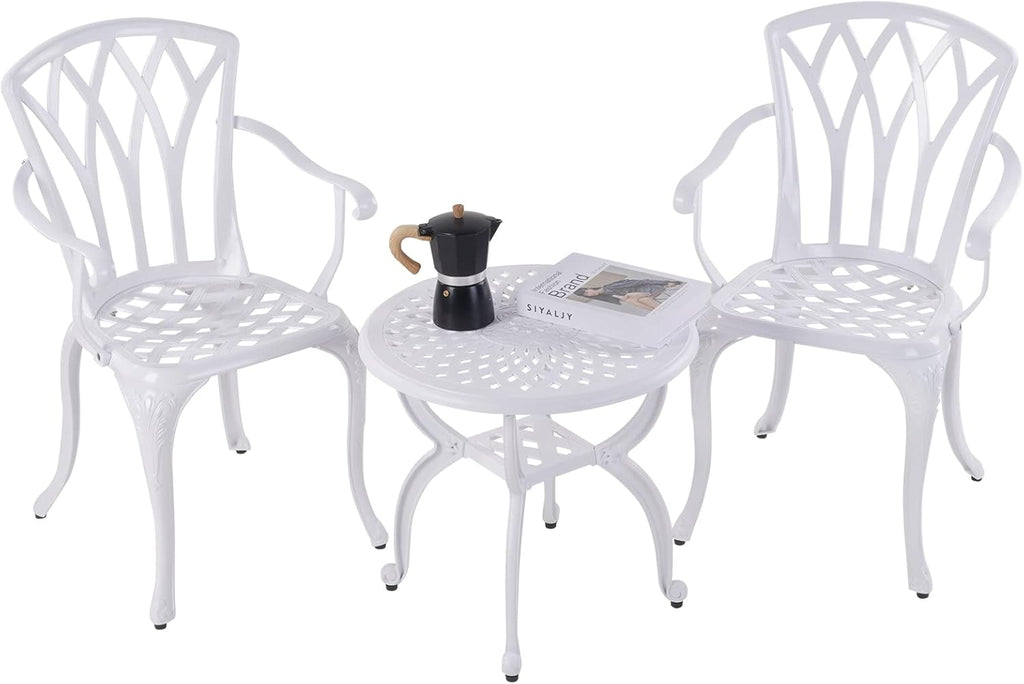 YKSY&YKSY Jardin DE CENTENNAIL 3-Piece Outdoor Bistro Set Cast Aluminum Rust-Resistant Patio Furniture Armchairs Design (White) 1