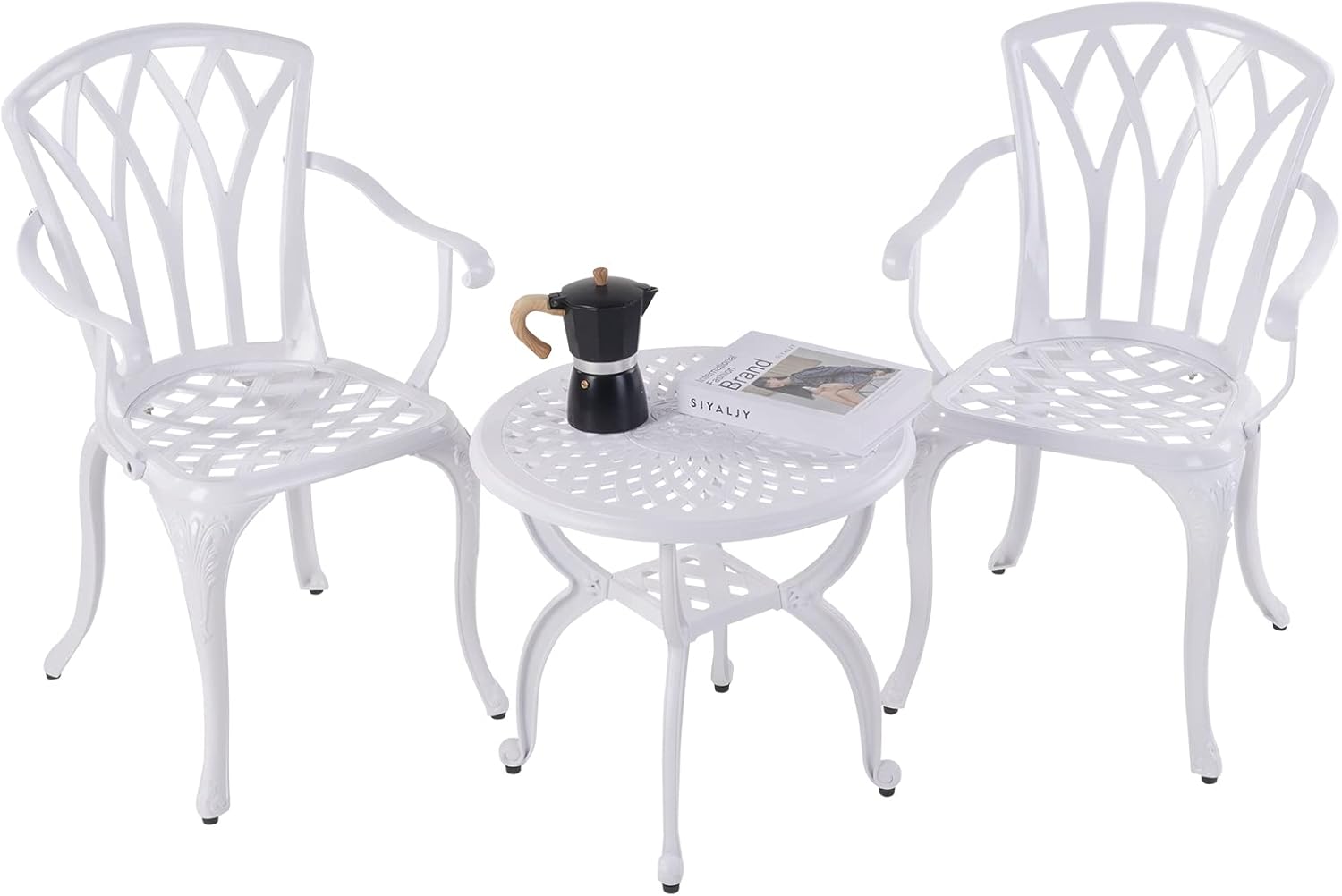 YKSY&YKSY Jardin DE CENTENNAIL 3-Piece Outdoor Bistro Set Cast Aluminum Rust-Resistant Patio Furniture Armchairs Design (White) 1