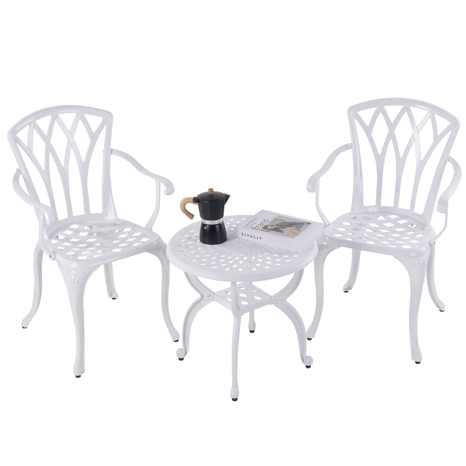 YKSY&YKSY Jardin DE CENTENNAIL 3-Piece Outdoor Bistro Set Cast Aluminum Rust-Resistant Patio Furniture Armchairs Design (White) 1