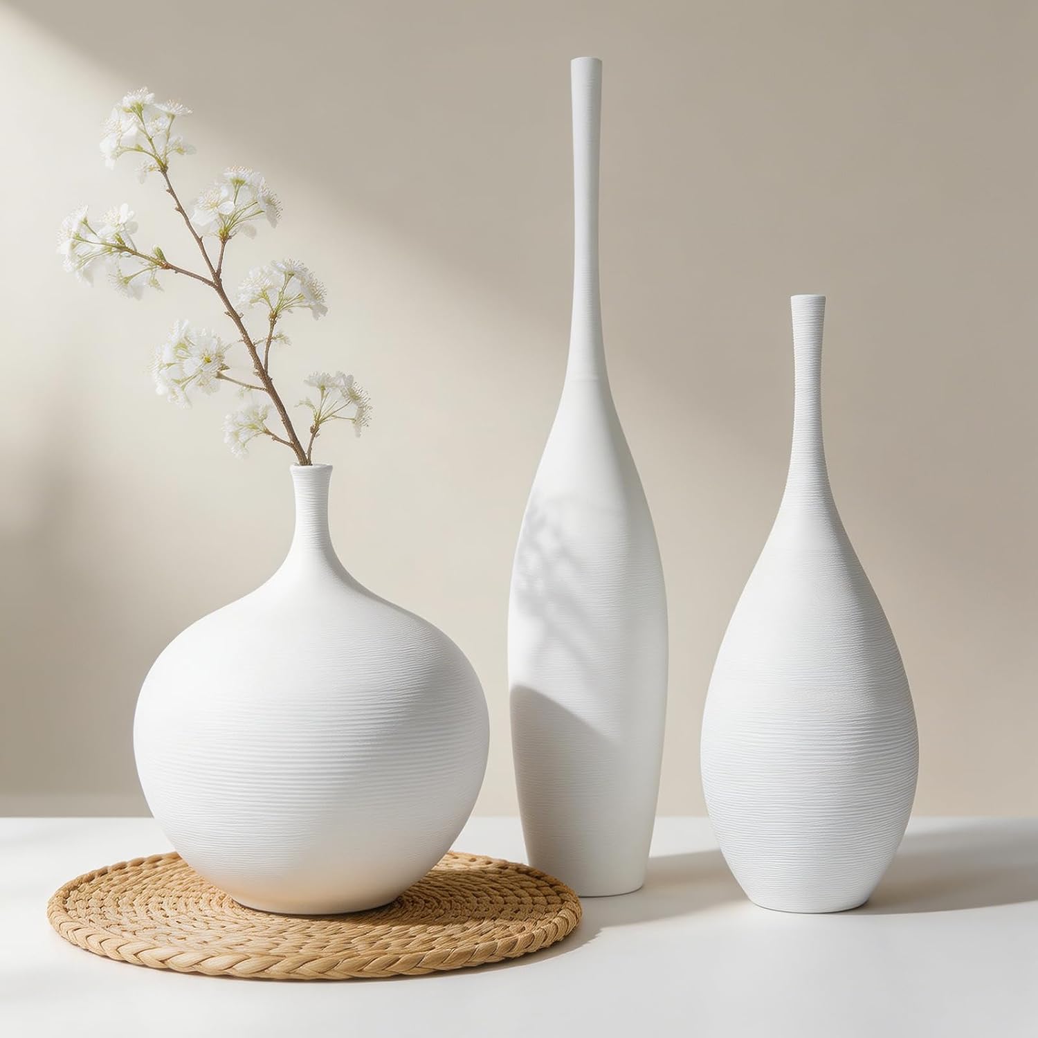 White Ceramic Vase Set of 3, Modern Boho Vases for Centerpiece Decor, Matte Minimalist Decorative White Vases Home Decor, for Living Room, Bookshelf, and Entryway Table Decor
