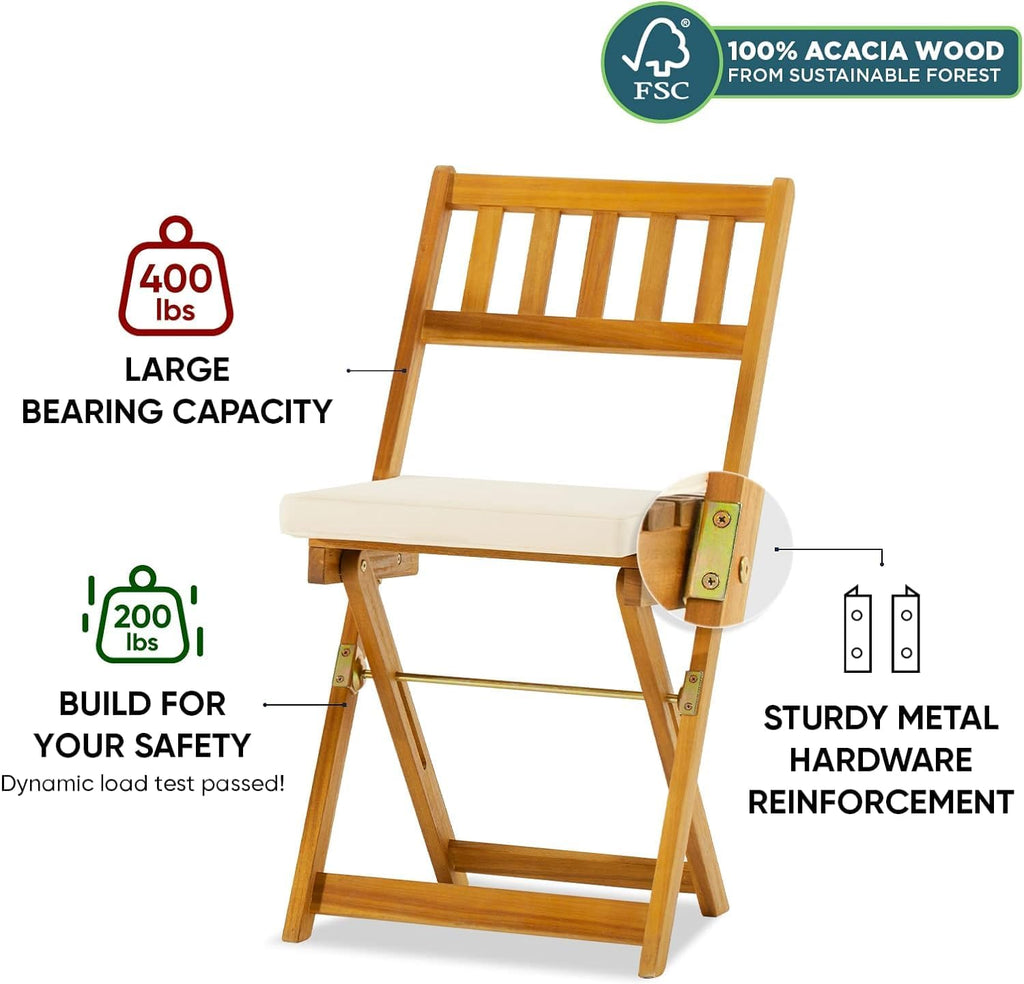 Idzo Heavy Duty 400lbs Capacity Patio Bistro Set 3 Piece Outdoor, Folding Chairs w/Cushion, Square Table, FSC-Certified Acacia Wood, Space-Saving Design for Balcony, Garden and Porch - Upgrade