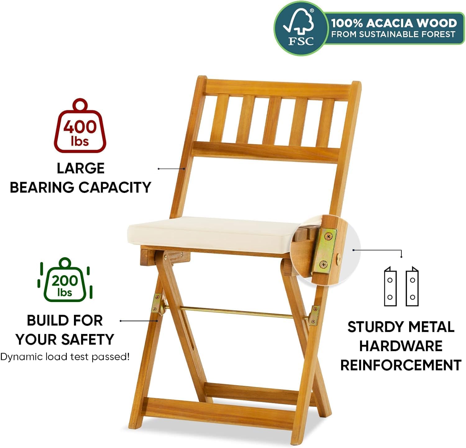 Idzo Heavy Duty 400lbs Capacity Patio Bistro Set 3 Piece Outdoor, Folding Chairs w/Cushion, Square Table, FSC-Certified Acacia Wood, Space-Saving Design for Balcony, Garden and Porch - Upgrade