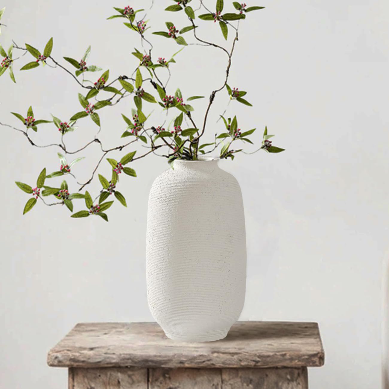 White Ceramic Vase, 9.8" Large, Round, Sandstone White | Farmhouse Style, Hand-Made Textured, Minimalist Design, Home Decor