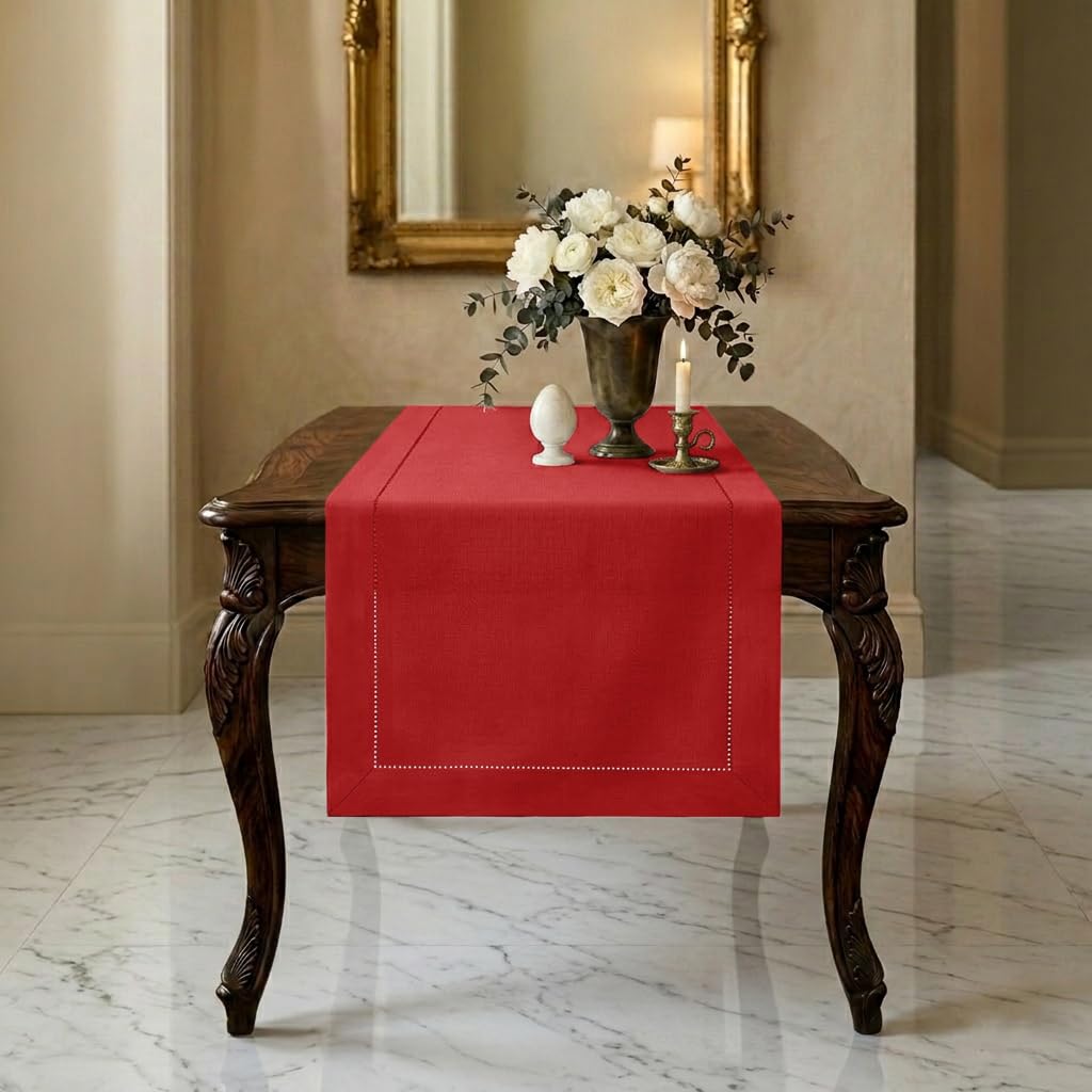 Signature Linen™ by D'Moksha White Table Runner 84 Inches Long, 100% Pure Linen, Hemstitch, 14 x 84 Inch Table Runner for Dresser, Dining- Summer, Father's & Independence Day