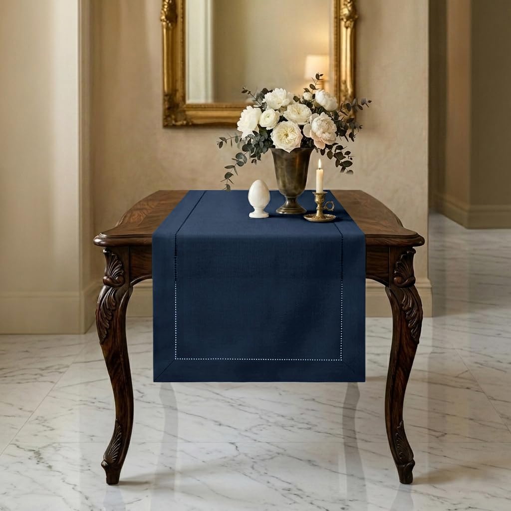 Signature Linen™ by D'Moksha White Table Runner 84 Inches Long, 100% Pure Linen, Hemstitch, 14 x 84 Inch Table Runner for Dresser, Dining- Summer, Father's & Independence Day