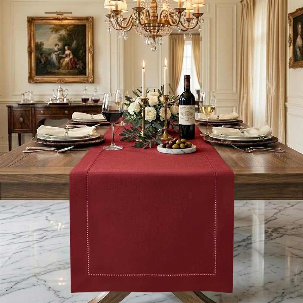 Signature Linen™ by D'Moksha White Table Runner 84 Inches Long, 100% Pure Linen, Hemstitch, 14 x 84 Inch Table Runner for Dresser, Dining- Summer, Father's & Independence Day
