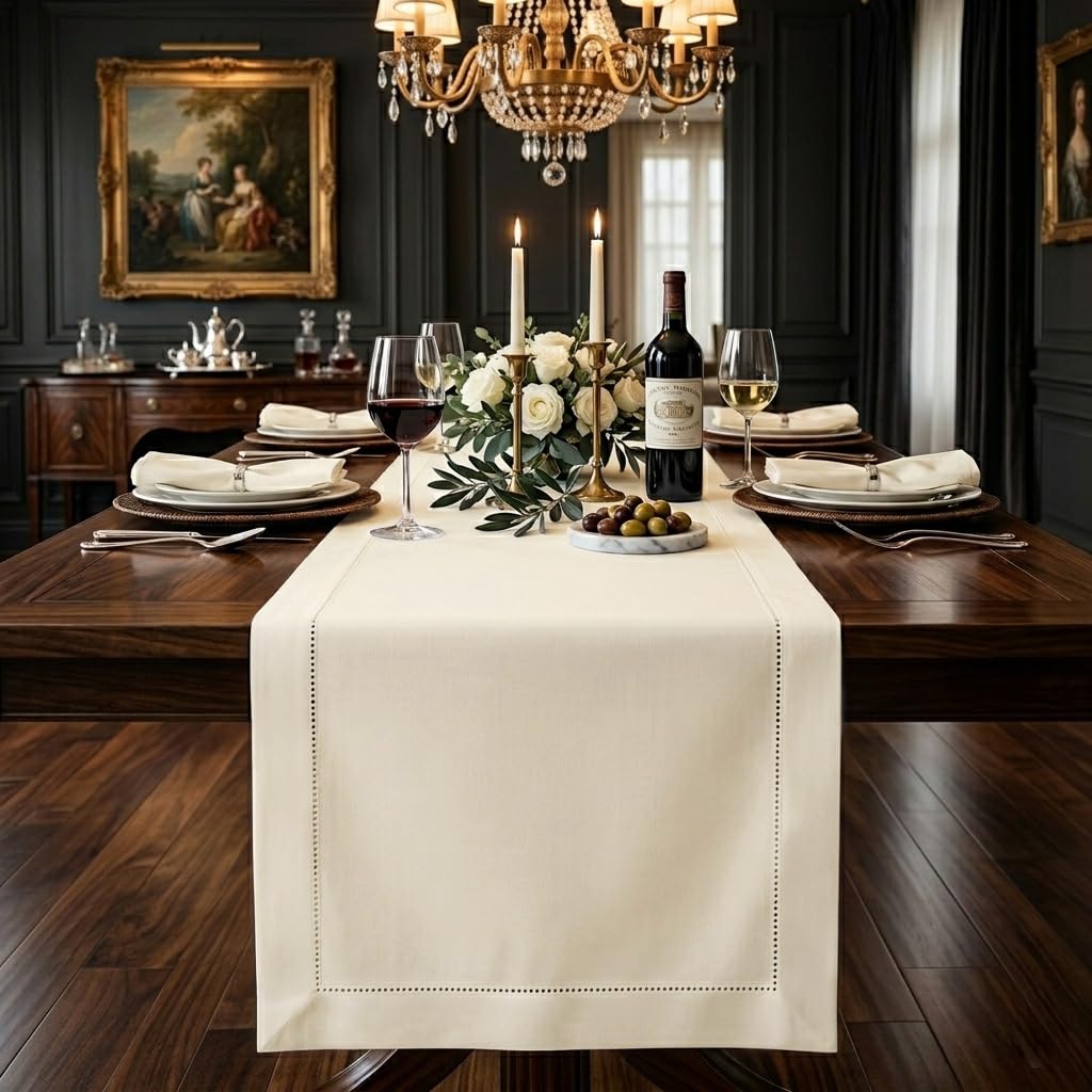 Signature Linen™ by D'Moksha White Table Runner 84 Inches Long, 100% Pure Linen, Hemstitch, 14 x 84 Inch Table Runner for Dresser, Dining- Summer, Father's & Independence Day