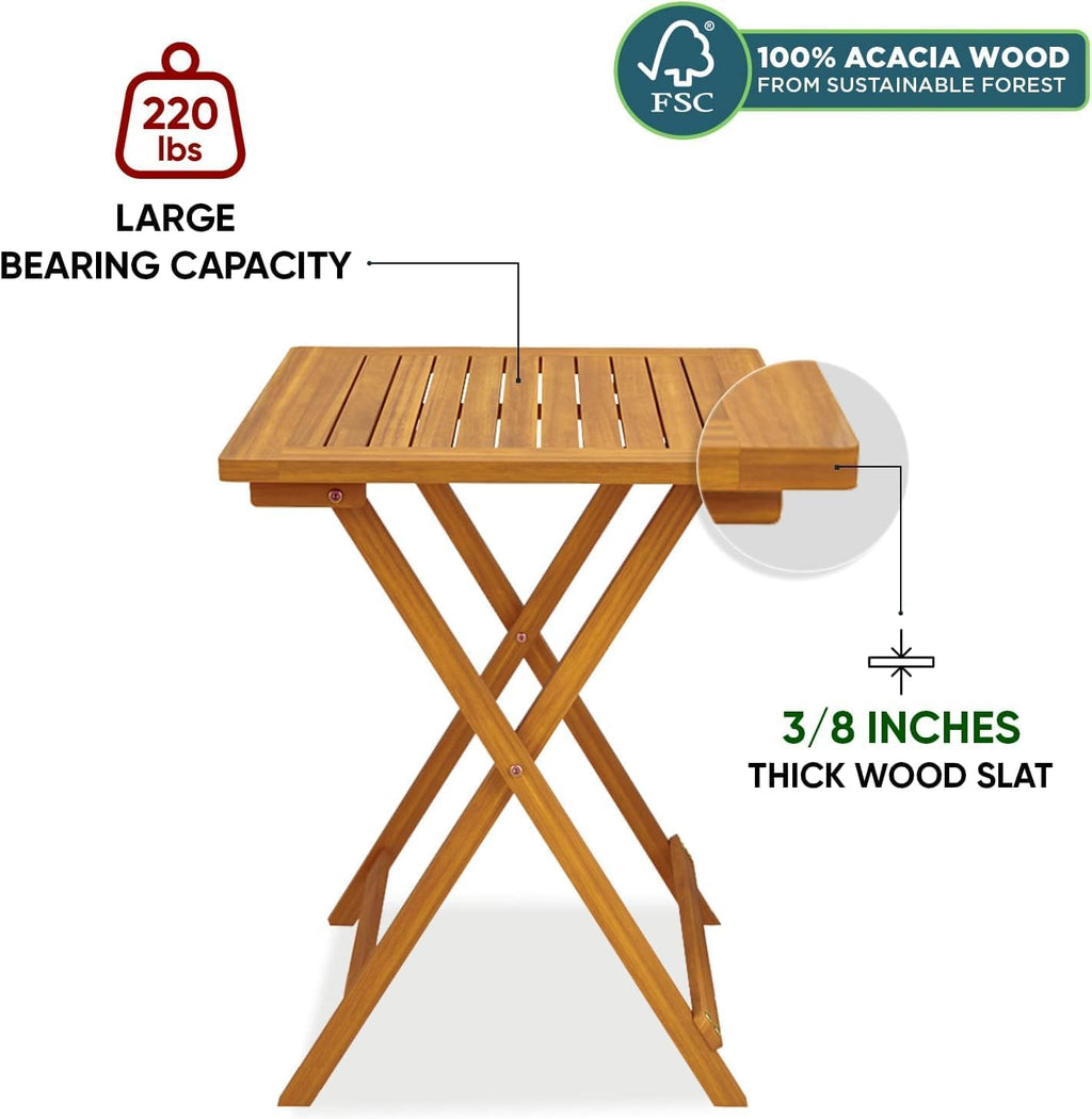 Idzo Heavy Duty 400lbs Capacity Patio Bistro Set 3 Piece Outdoor, Folding Chairs w/Cushion, Square Table, FSC-Certified Acacia Wood, Space-Saving Design for Balcony, Garden and Porch - Upgrade