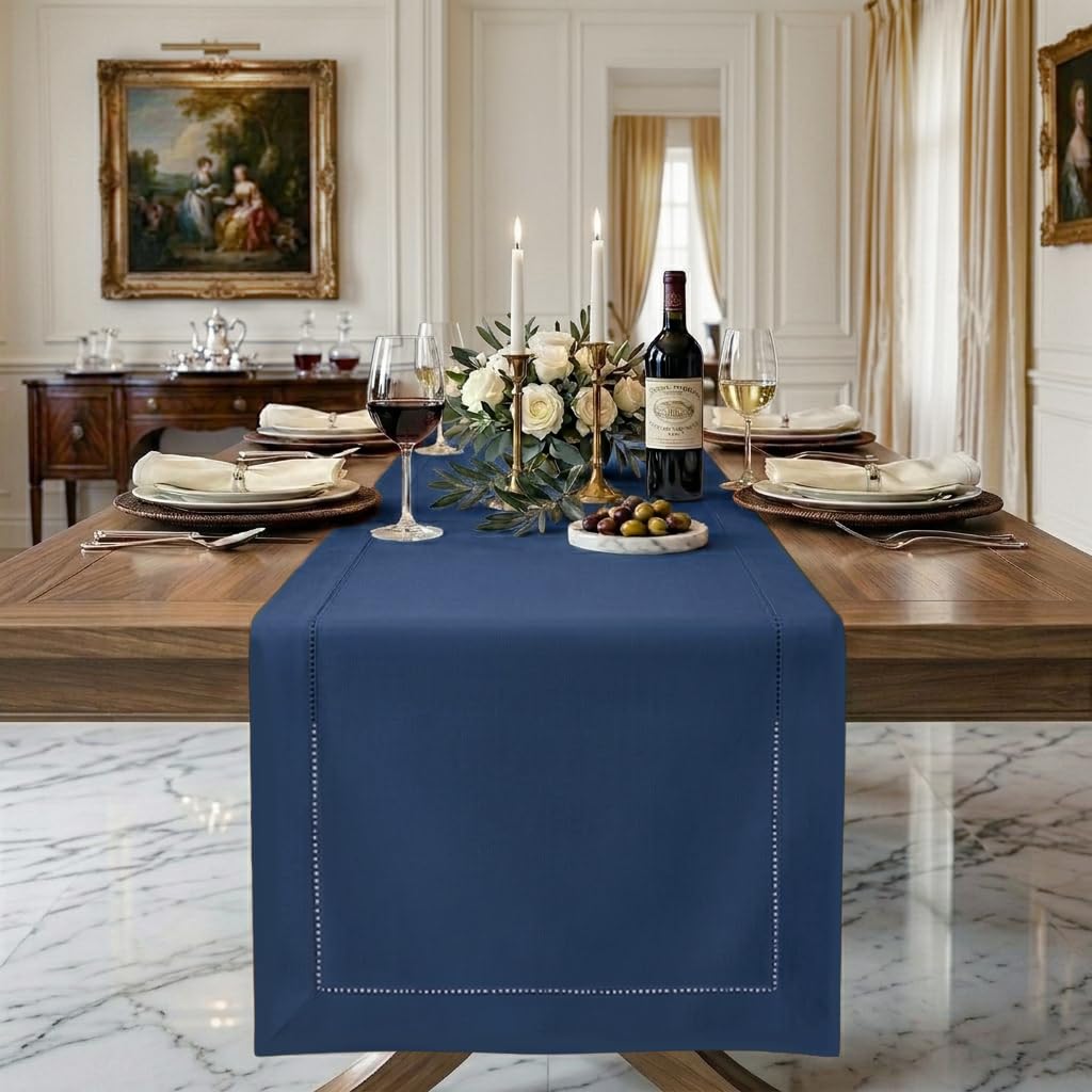 Signature Linen™ by D'Moksha White Table Runner 84 Inches Long, 100% Pure Linen, Hemstitch, 14 x 84 Inch Table Runner for Dresser, Dining- Summer, Father's & Independence Day