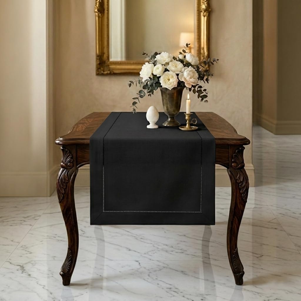 Signature Linen™ by D'Moksha White Table Runner 84 Inches Long, 100% Pure Linen, Hemstitch, 14 x 84 Inch Table Runner for Dresser, Dining- Summer, Father's & Independence Day