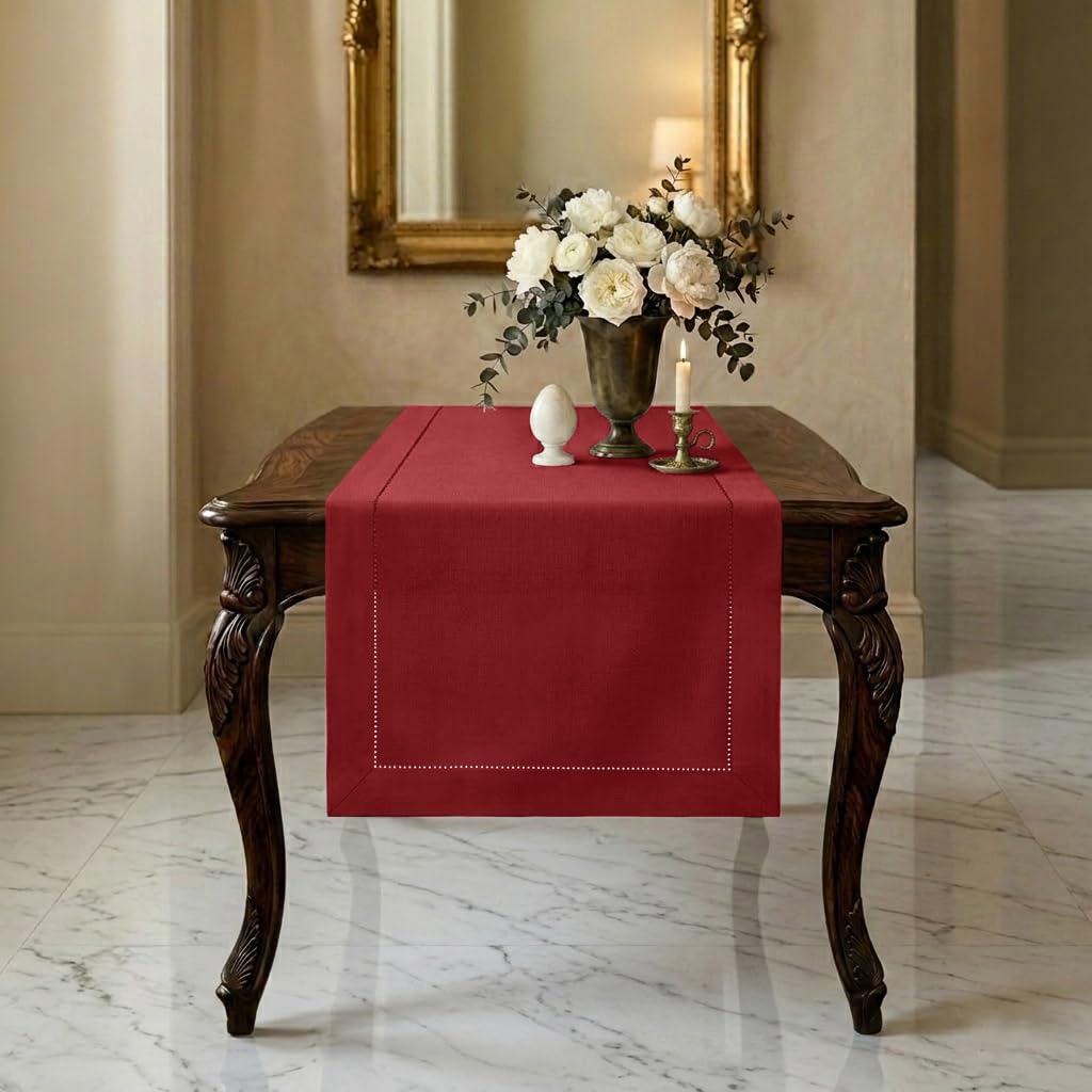 Signature Linen™ by D'Moksha White Table Runner 84 Inches Long, 100% Pure Linen, Hemstitch, 14 x 84 Inch Table Runner for Dresser, Dining- Summer, Father's & Independence Day