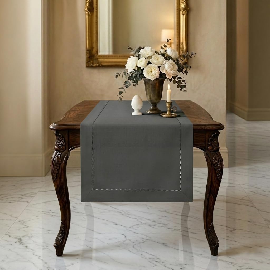 Signature Linen™ by D'Moksha White Table Runner 84 Inches Long, 100% Pure Linen, Hemstitch, 14 x 84 Inch Table Runner for Dresser, Dining- Summer, Father's & Independence Day