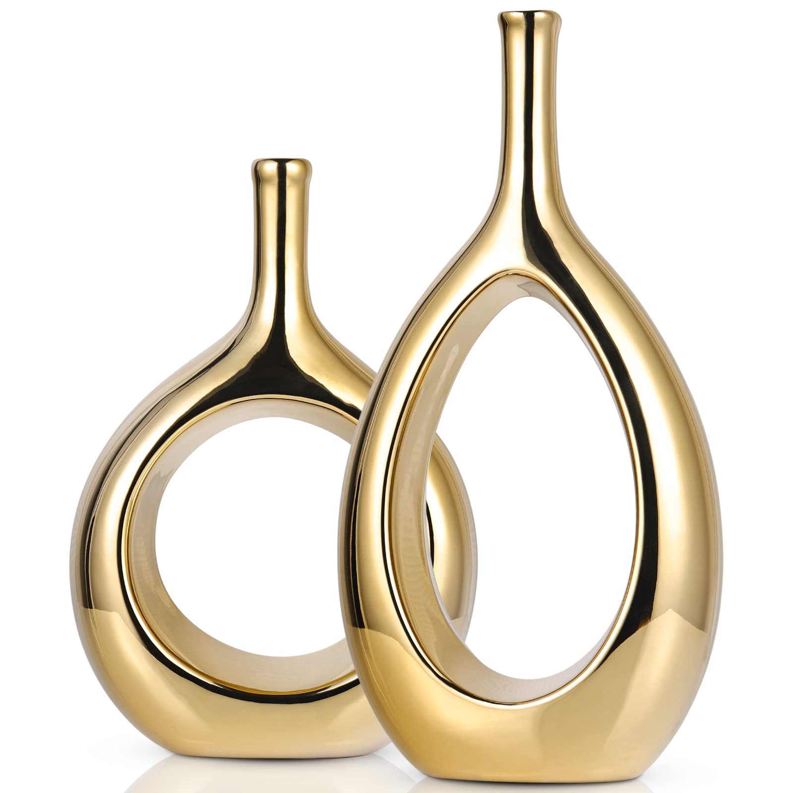 White and Gold Vase Ceramic White Vases Home Decor,Modern Minimalist Circle with Hole Decorative Vase, Hollow Ellipse Flower vases for Bookshelf, Fireplace Mantle, Centerpieces,Farmhouse,Rustic Décor