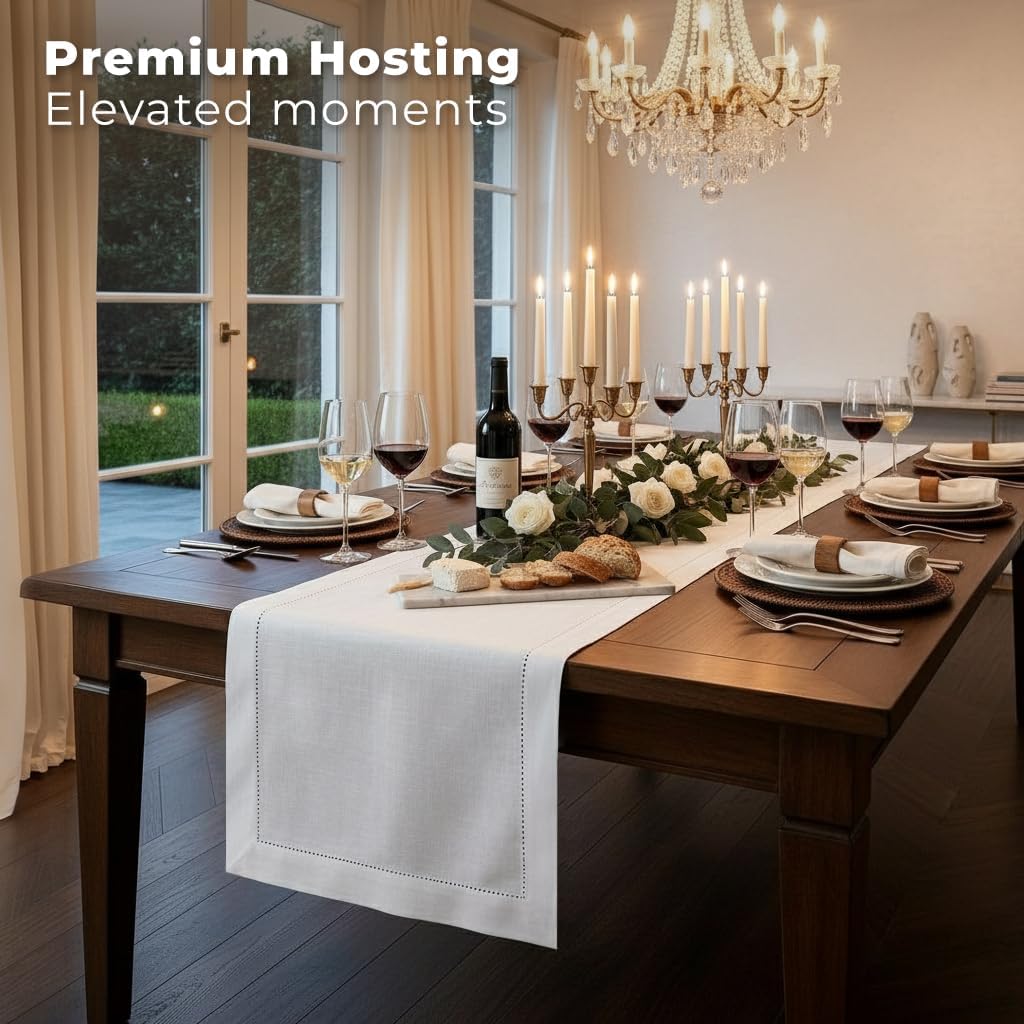 Signature Linen™ by D'Moksha White Table Runner 84 Inches Long, 100% Pure Linen, Hemstitch, 14 x 84 Inch Table Runner for Dresser, Dining- Summer, Father's & Independence Day