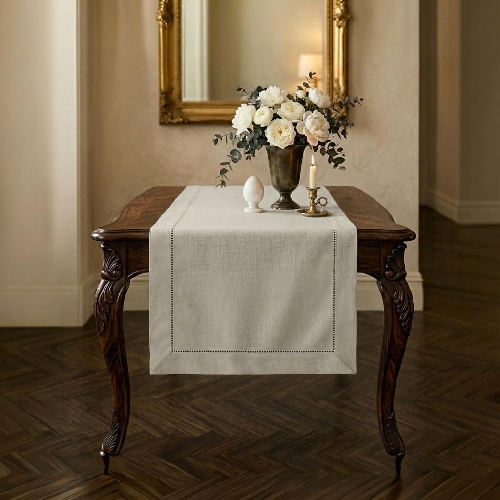 Signature Linen™ by D'Moksha White Table Runner 84 Inches Long, 100% Pure Linen, Hemstitch, 14 x 84 Inch Table Runner for Dresser, Dining- Summer, Father's & Independence Day