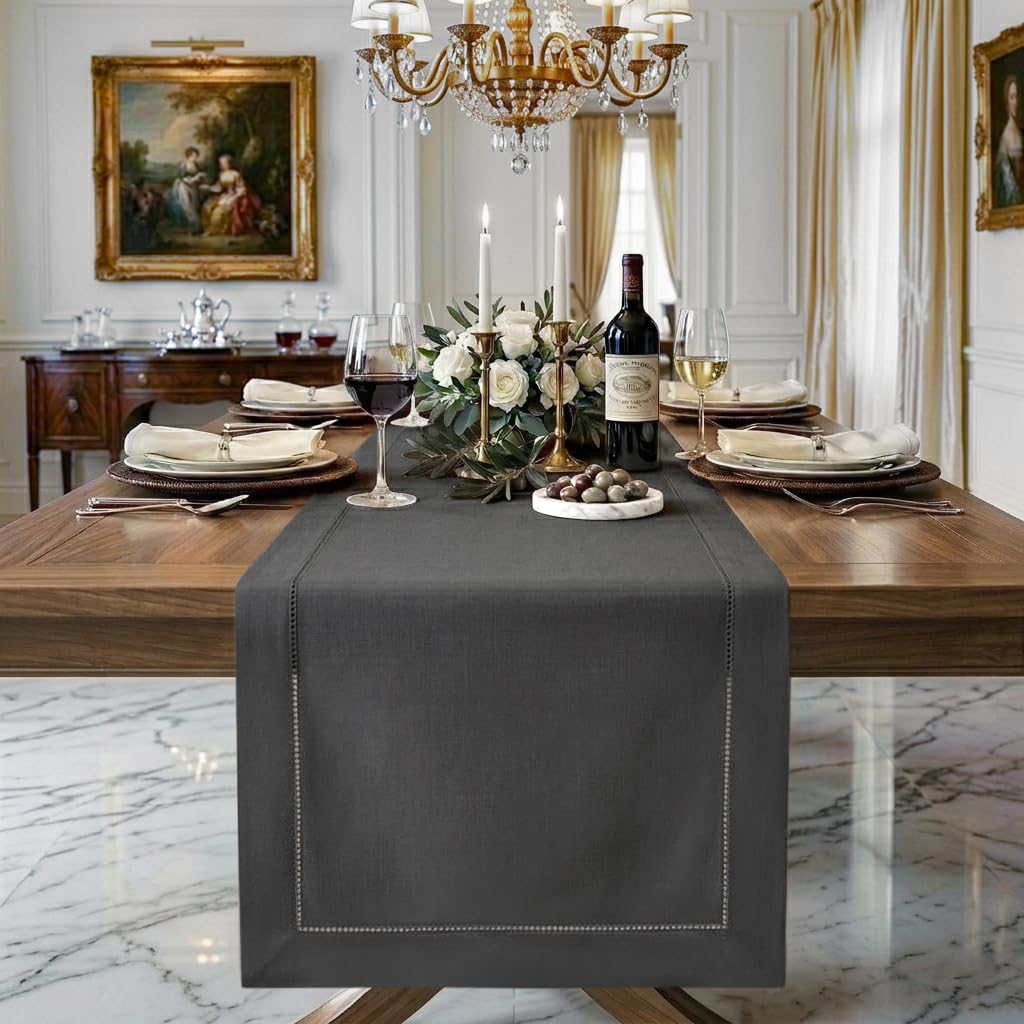 Signature Linen™ by D'Moksha White Table Runner 84 Inches Long, 100% Pure Linen, Hemstitch, 14 x 84 Inch Table Runner for Dresser, Dining- Summer, Father's & Independence Day