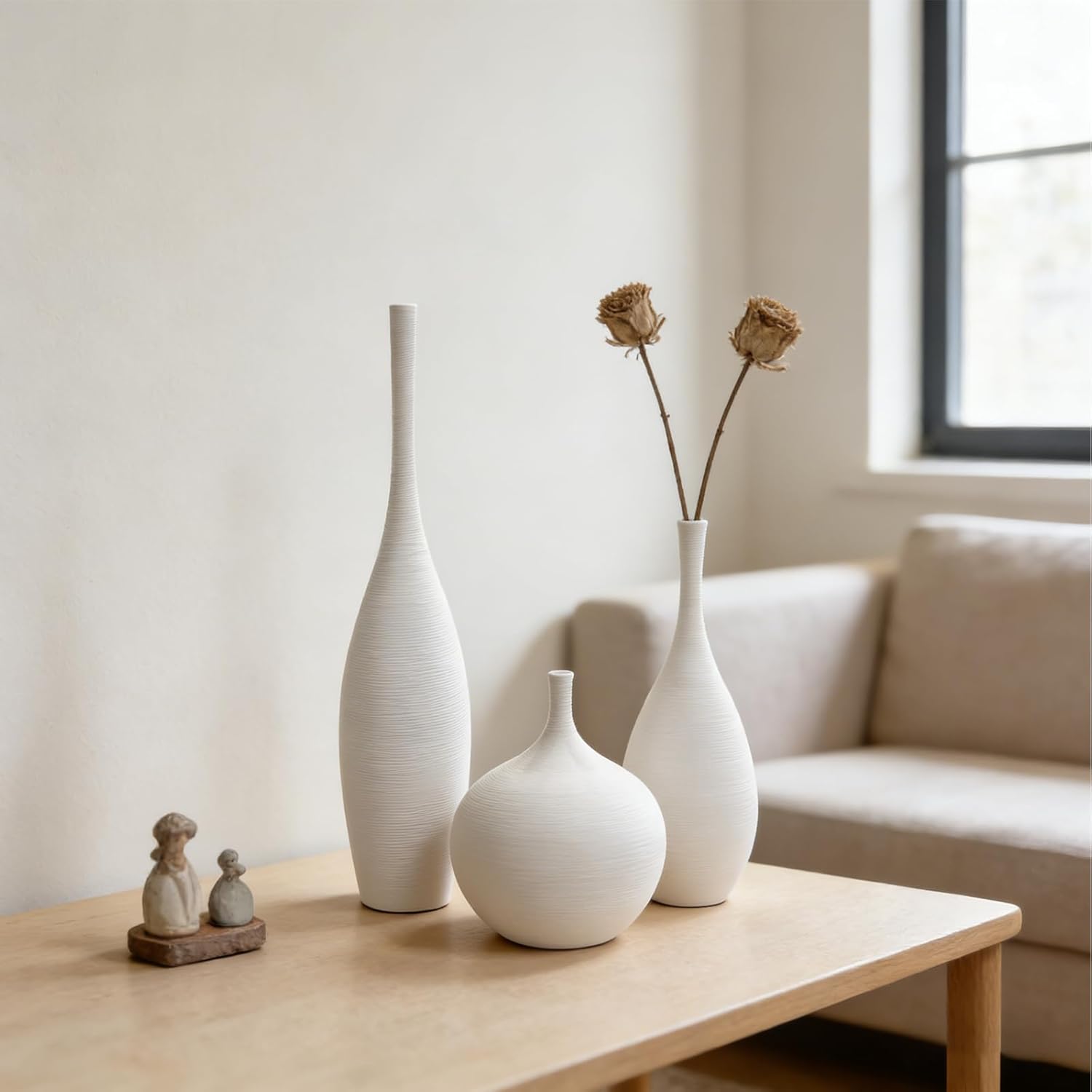 White Ceramic Vase Set of 3, Modern Boho Vases for Centerpiece Decor, Matte Minimalist Decorative White Vases Home Decor, for Living Room, Bookshelf, and Entryway Table Decor