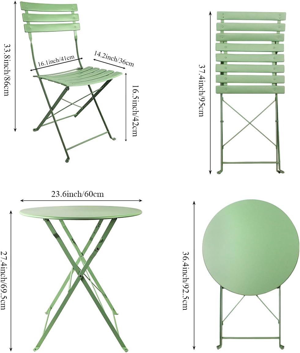 3-Piece Bistro Sets Folding Patio Furniture Set with 2 Chairs and 1 Table, Outdoor Indoor Conversation Set for Balcony Yard Garden, Green
