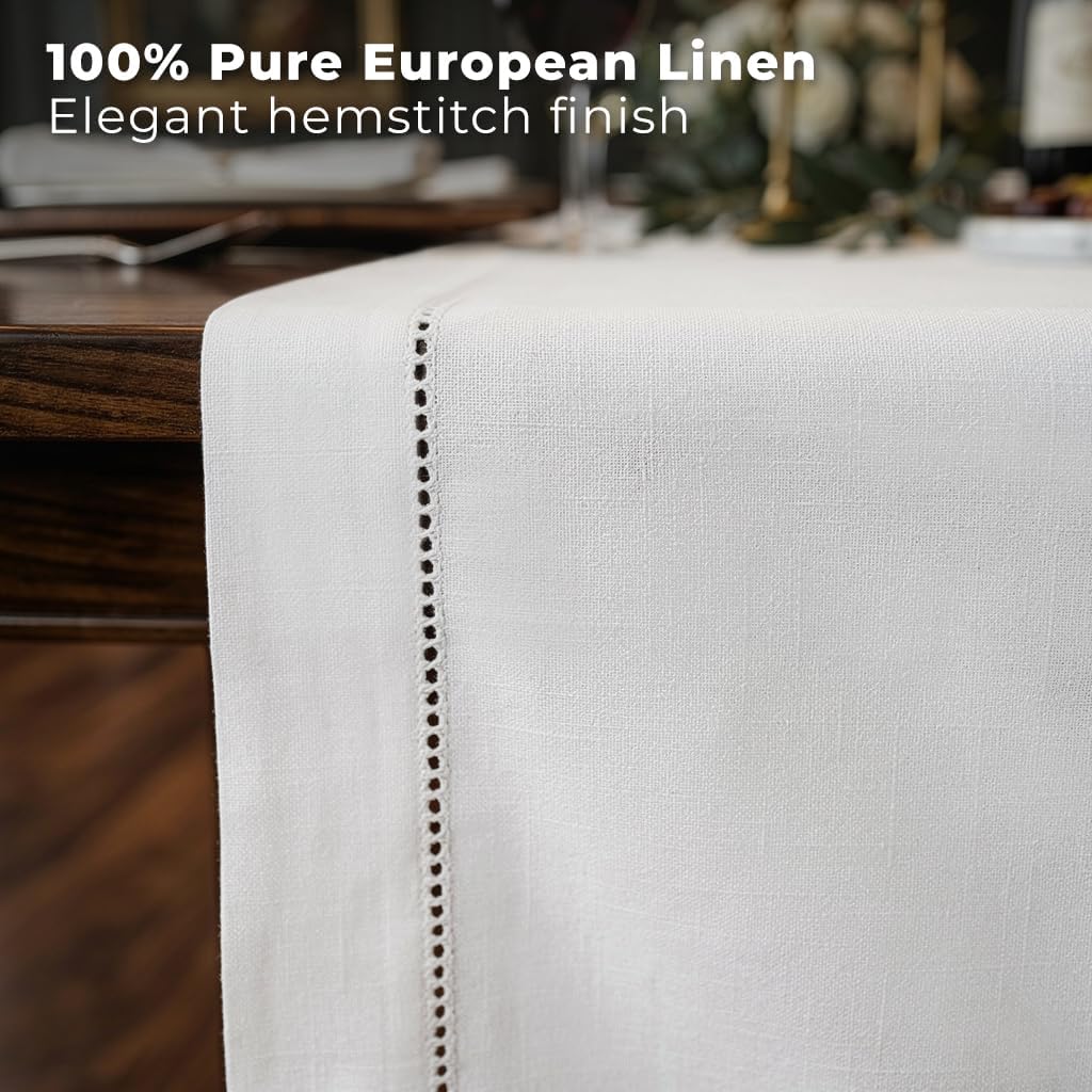 Signature Linen™ by D'Moksha White Table Runner 84 Inches Long, 100% Pure Linen, Hemstitch, 14 x 84 Inch Table Runner for Dresser, Dining- Summer, Father's & Independence Day
