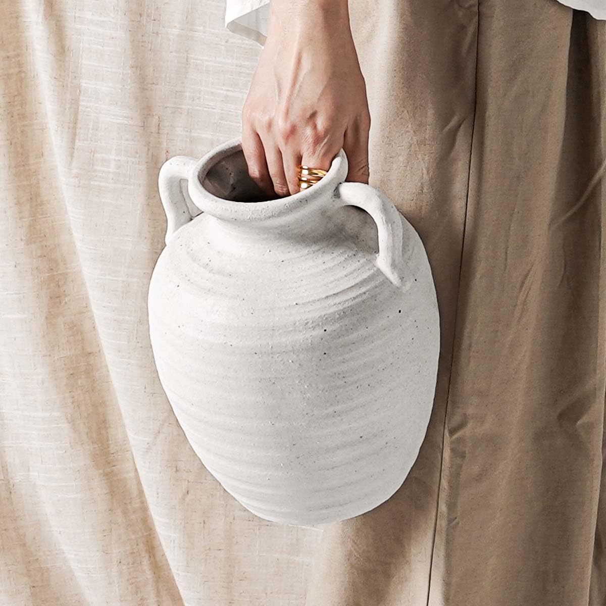 White Ceramic Vase - Large 11.8 Inch Tall Floor Vase for Centerpieces, Farmhouse Flower Vases, Rustic Minimalist Home Decor for Living Room, Enterway, Wedding (Sandstone White)