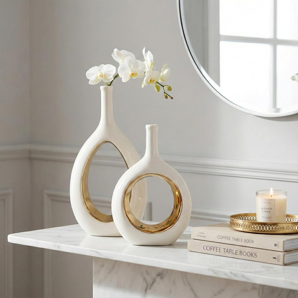 White and Gold Vase Ceramic White Vases Home Decor,Modern Minimalist Circle with Hole Decorative Vase, Hollow Ellipse Flower vases for Bookshelf, Fireplace Mantle, Centerpieces,Farmhouse,Rustic Décor
