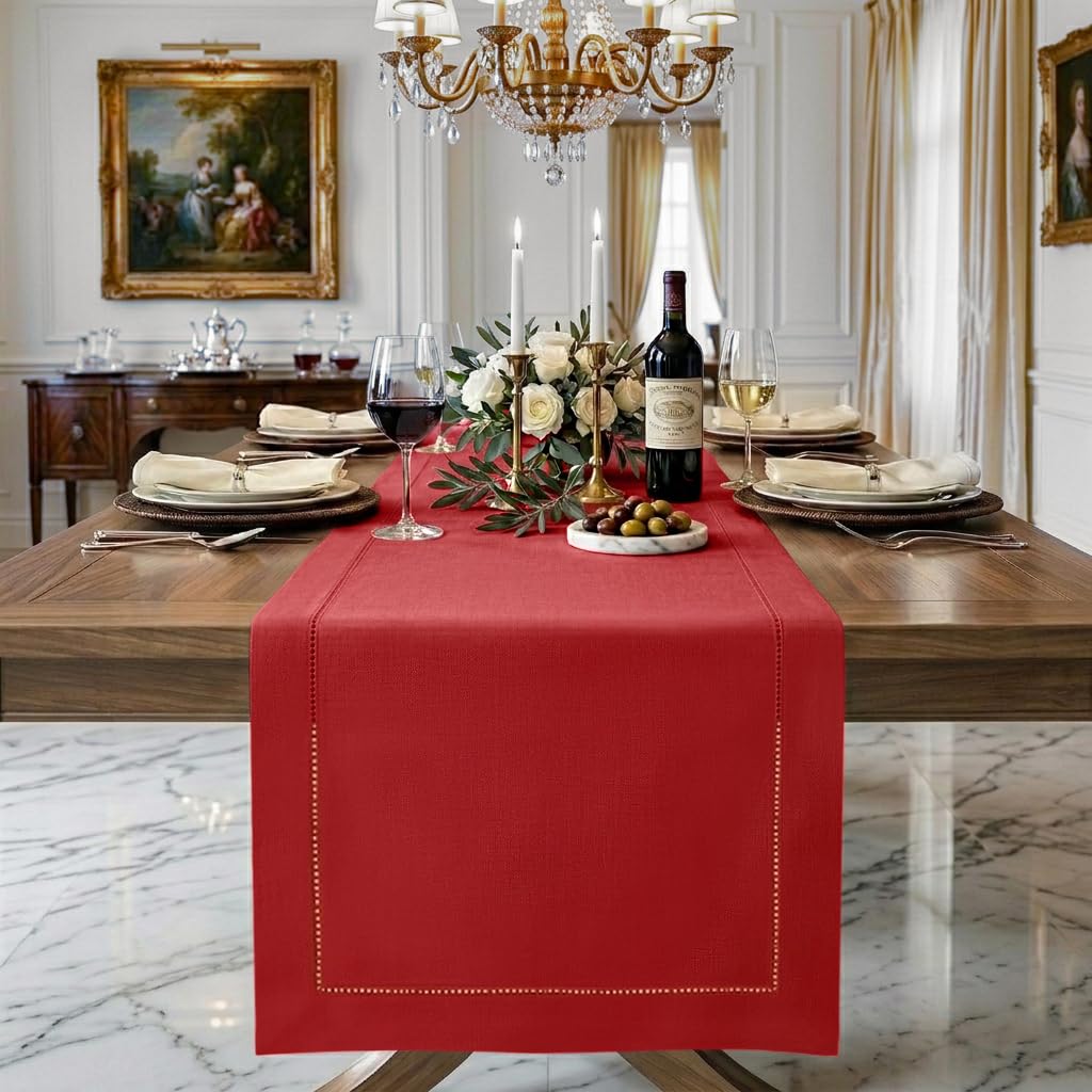 Signature Linen™ by D'Moksha White Table Runner 84 Inches Long, 100% Pure Linen, Hemstitch, 14 x 84 Inch Table Runner for Dresser, Dining- Summer, Father's & Independence Day