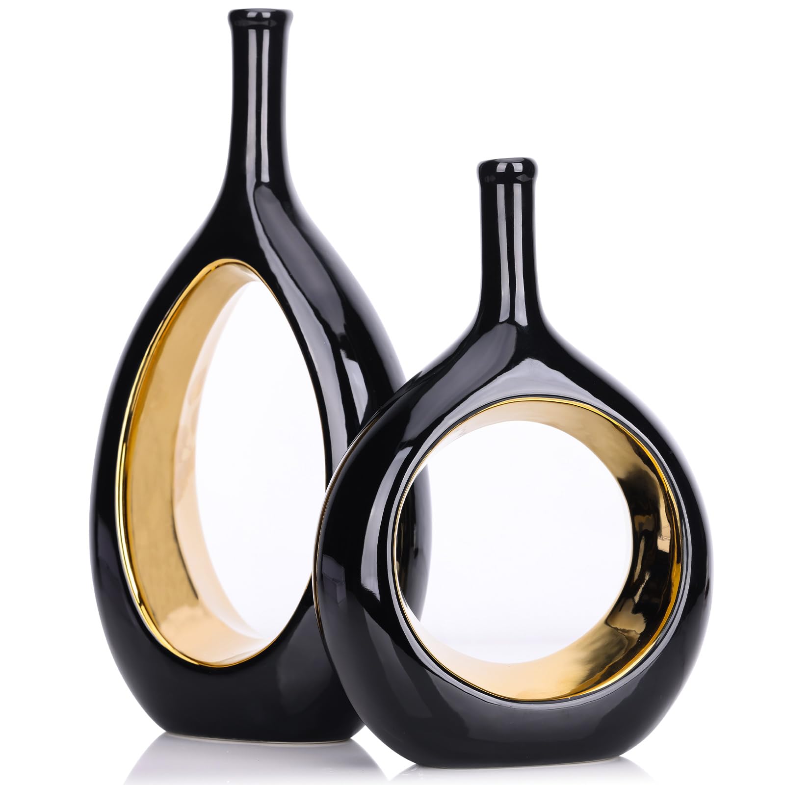 White and Gold Vase Ceramic White Vases Home Decor,Modern Minimalist Circle with Hole Decorative Vase, Hollow Ellipse Flower vases for Bookshelf, Fireplace Mantle, Centerpieces,Farmhouse,Rustic Décor