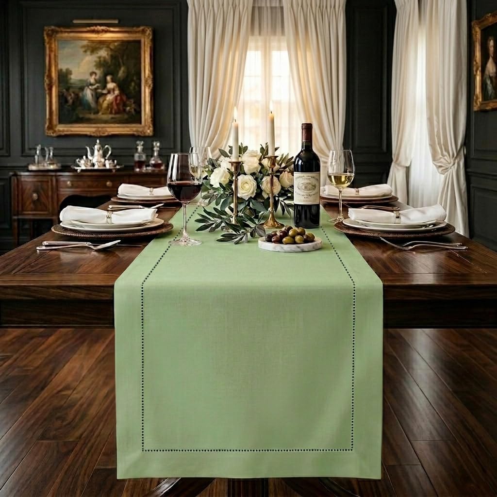 Signature Linen™ by D'Moksha White Table Runner 84 Inches Long, 100% Pure Linen, Hemstitch, 14 x 84 Inch Table Runner for Dresser, Dining- Summer, Father's & Independence Day