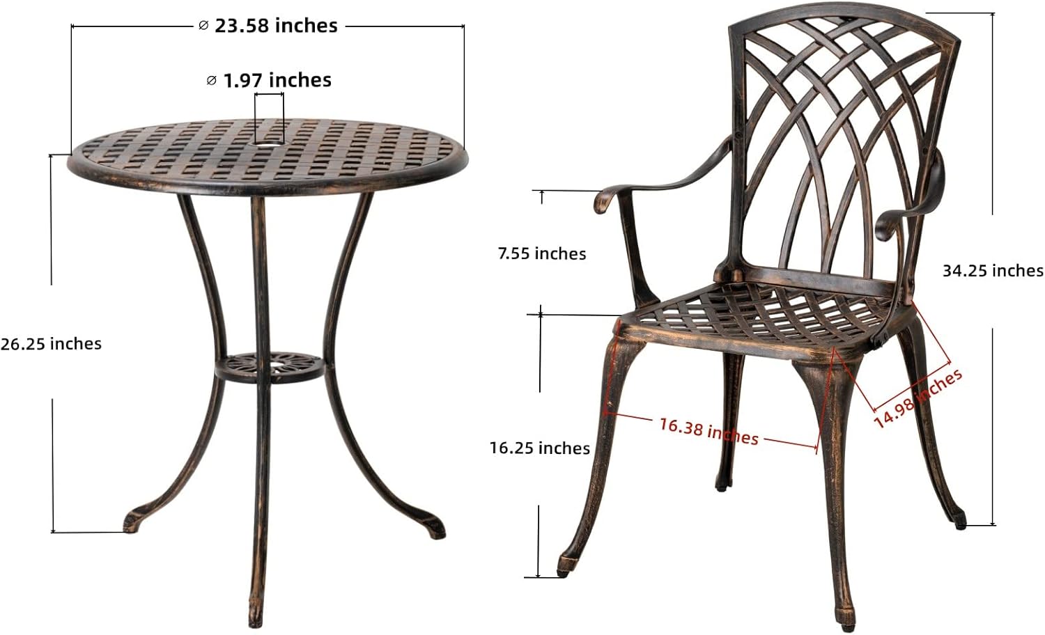 Bistro Set 3 Piece Rustproof Cast Aluminum Patio Furniture Sets Round Table with Umbrella Hole for Outdoor, Patio, Balcony, Bronze