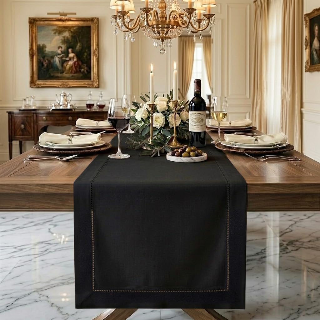 Signature Linen™ by D'Moksha White Table Runner 84 Inches Long, 100% Pure Linen, Hemstitch, 14 x 84 Inch Table Runner for Dresser, Dining- Summer, Father's & Independence Day