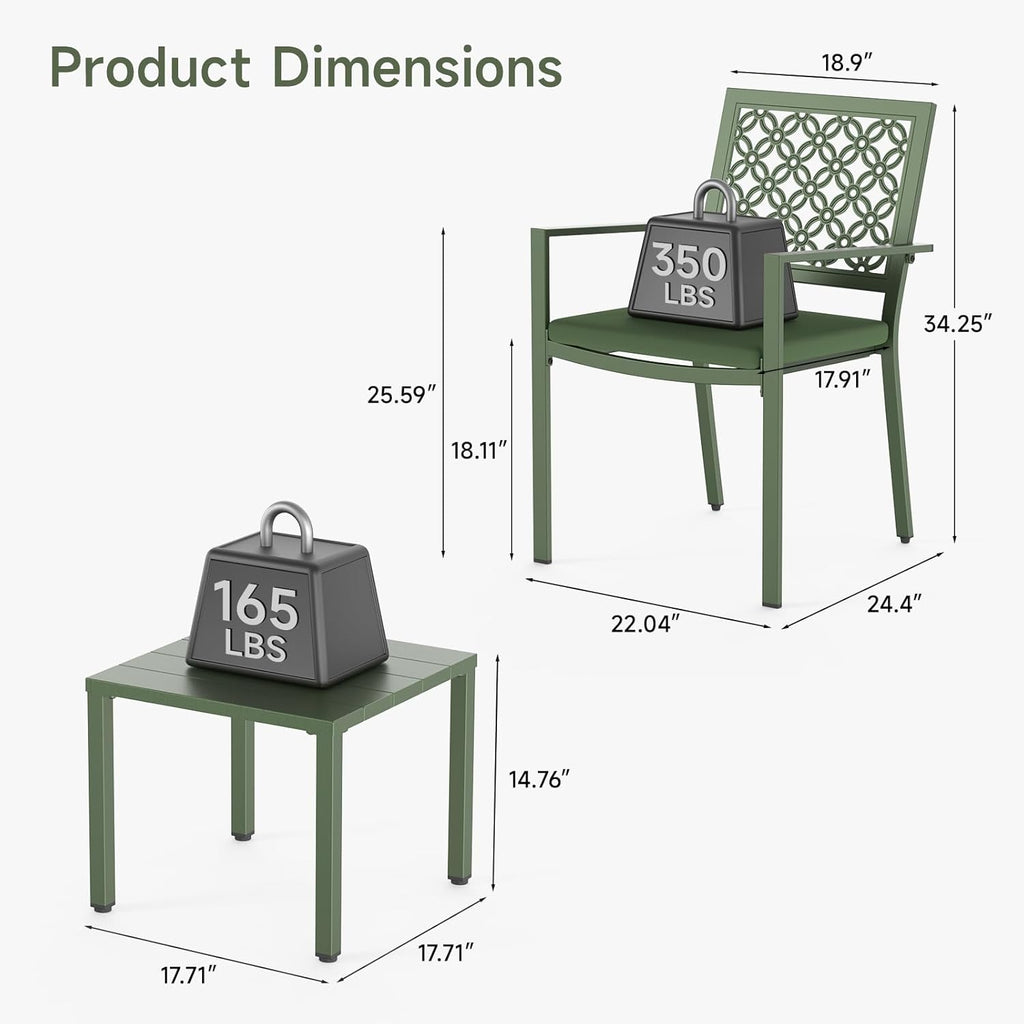 3-Piece Outdoor Bistro Set, Stackable Metal Steel Outdoor Table and Chairs, Waterproof Rustproof Patio Furniture Conversation Set for Porch Garden Balcony Backyard, Sage Green