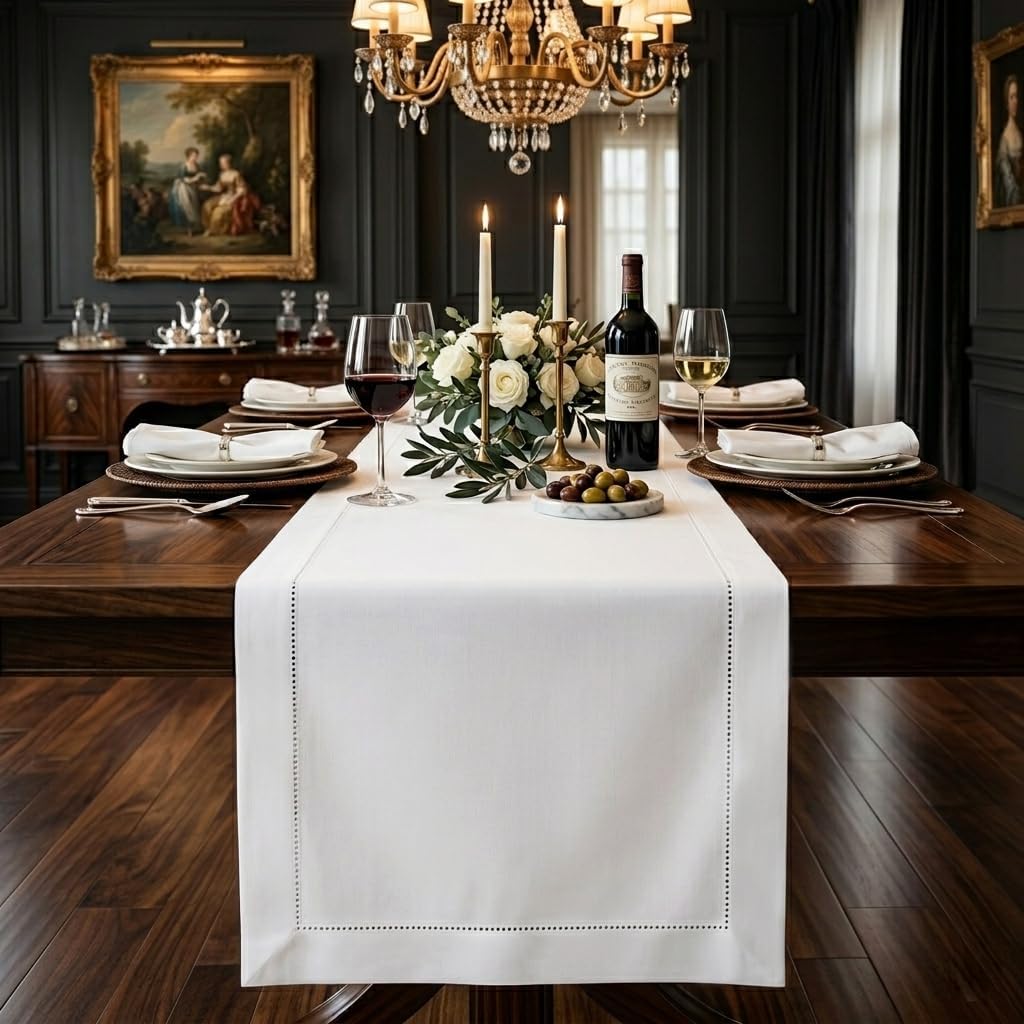 Signature Linen™ by D'Moksha White Table Runner 84 Inches Long, 100% Pure Linen, Hemstitch, 14 x 84 Inch Table Runner for Dresser, Dining- Summer, Father's & Independence Day