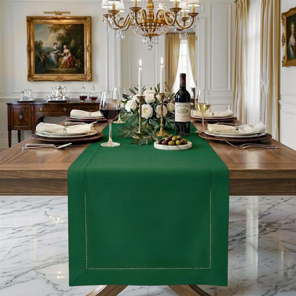 Signature Linen™ by D'Moksha White Table Runner 84 Inches Long, 100% Pure Linen, Hemstitch, 14 x 84 Inch Table Runner for Dresser, Dining- Summer, Father's & Independence Day