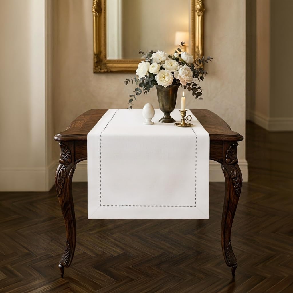 Signature Linen™ by D'Moksha White Table Runner 84 Inches Long, 100% Pure Linen, Hemstitch, 14 x 84 Inch Table Runner for Dresser, Dining- Summer, Father's & Independence Day