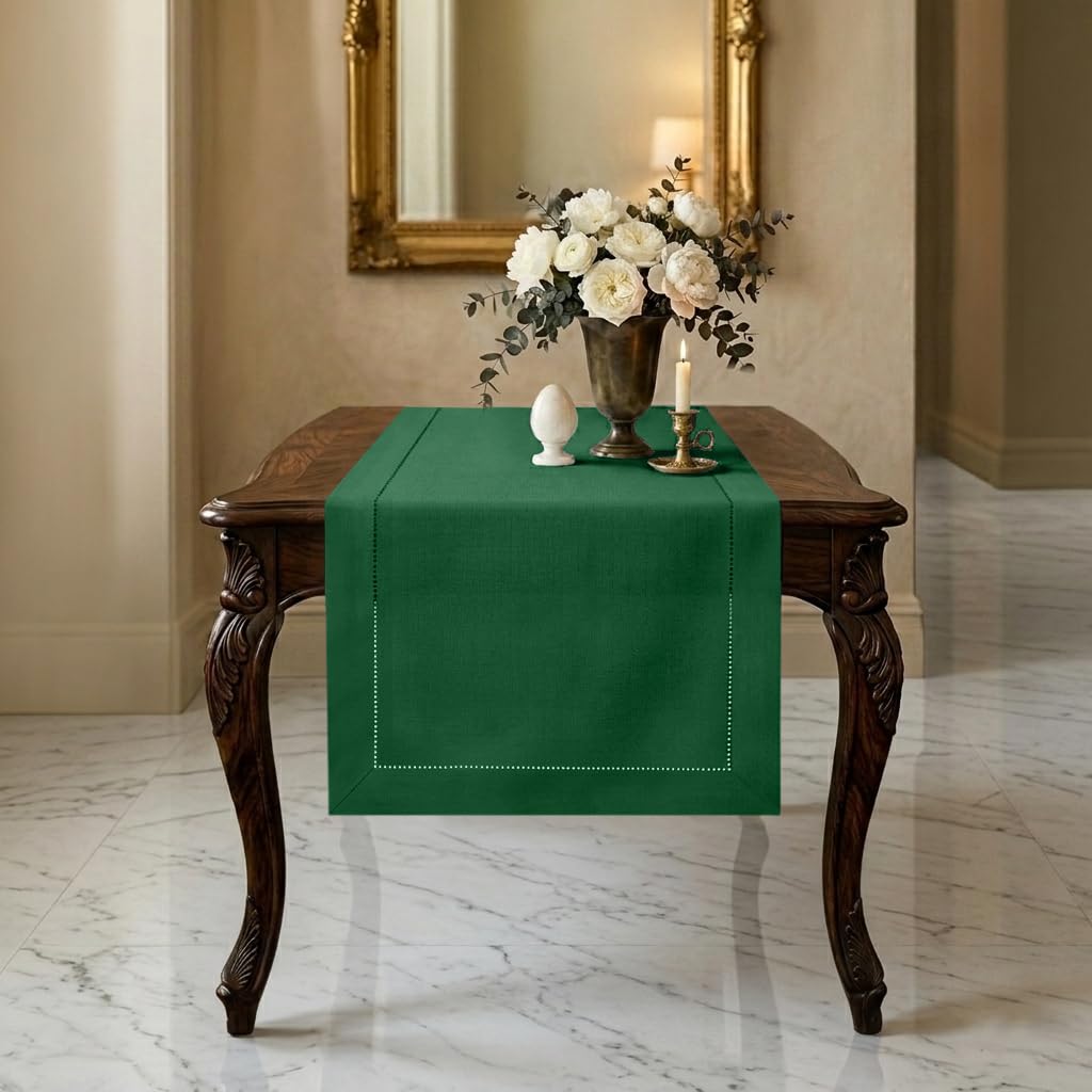 Signature Linen™ by D'Moksha White Table Runner 84 Inches Long, 100% Pure Linen, Hemstitch, 14 x 84 Inch Table Runner for Dresser, Dining- Summer, Father's & Independence Day