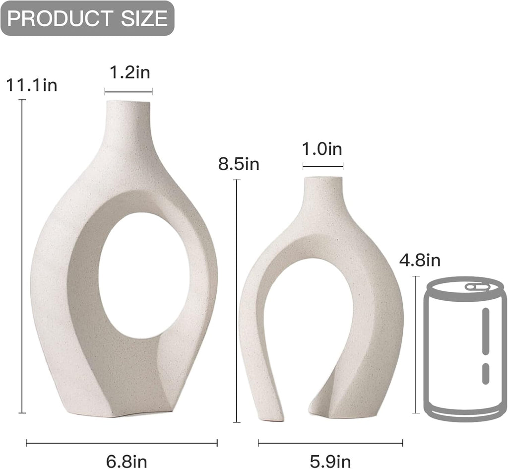 Lvases Snuggle Hollow Ceramic Vase Set of 2, Boho ins Style Round Nordic Mid Century Modern Aesthetic Decorative Vase for Home Decor (Cream W 6.8" X H 11")