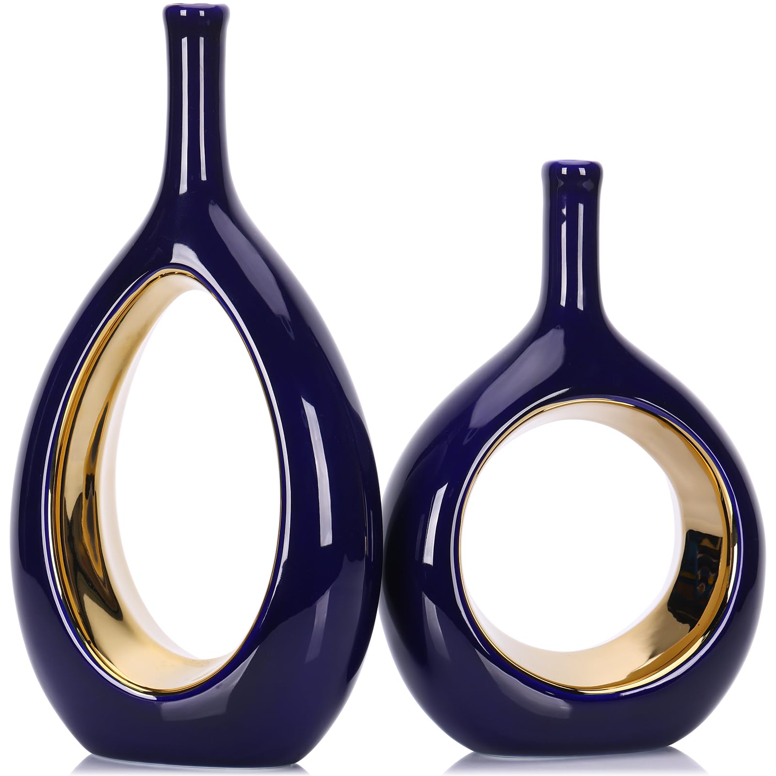 White and Gold Vase Ceramic White Vases Home Decor,Modern Minimalist Circle with Hole Decorative Vase, Hollow Ellipse Flower vases for Bookshelf, Fireplace Mantle, Centerpieces,Farmhouse,Rustic Décor