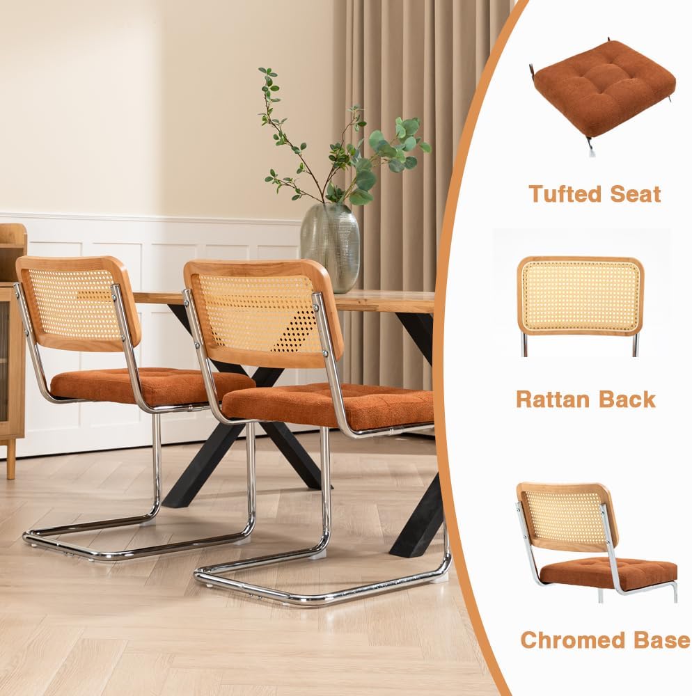 Mid-Century Orange Dining Chairs Set of 2, Modern Velvet Rattan Back Chairs, Upholstery Kitchen Chairs with Silver Chromed Sled Base, Cane Back Accent Chair for Bedroom, Orange
