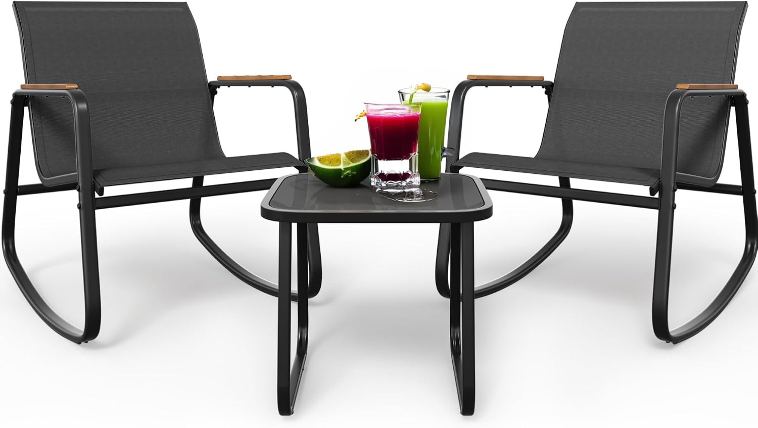 DWVO Patio Rocking Bistro Set, 3 Piece Durable Textilene Outdoor Furniture Set, Wooden Armrest Rocker Chairs & Glass Table for Garden, Balcony & Poolside, Black