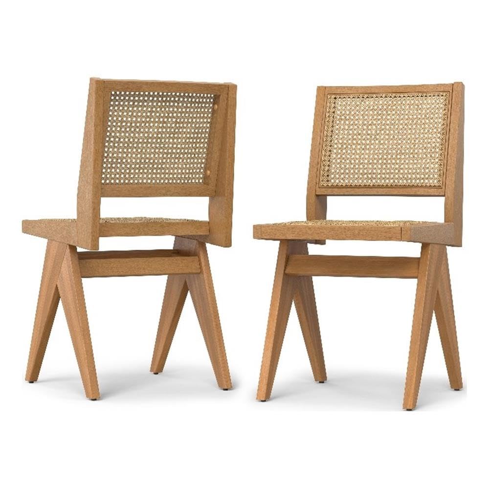 SIMPLIHOME Regina Dining Chairs - Mid-Century Modern Solid Beechwood and Rattan Arm Chair Set in Natural, Dining Room Seating with Open Frame, Curved Arms and Woven Seat and Backrest (Set of 2)