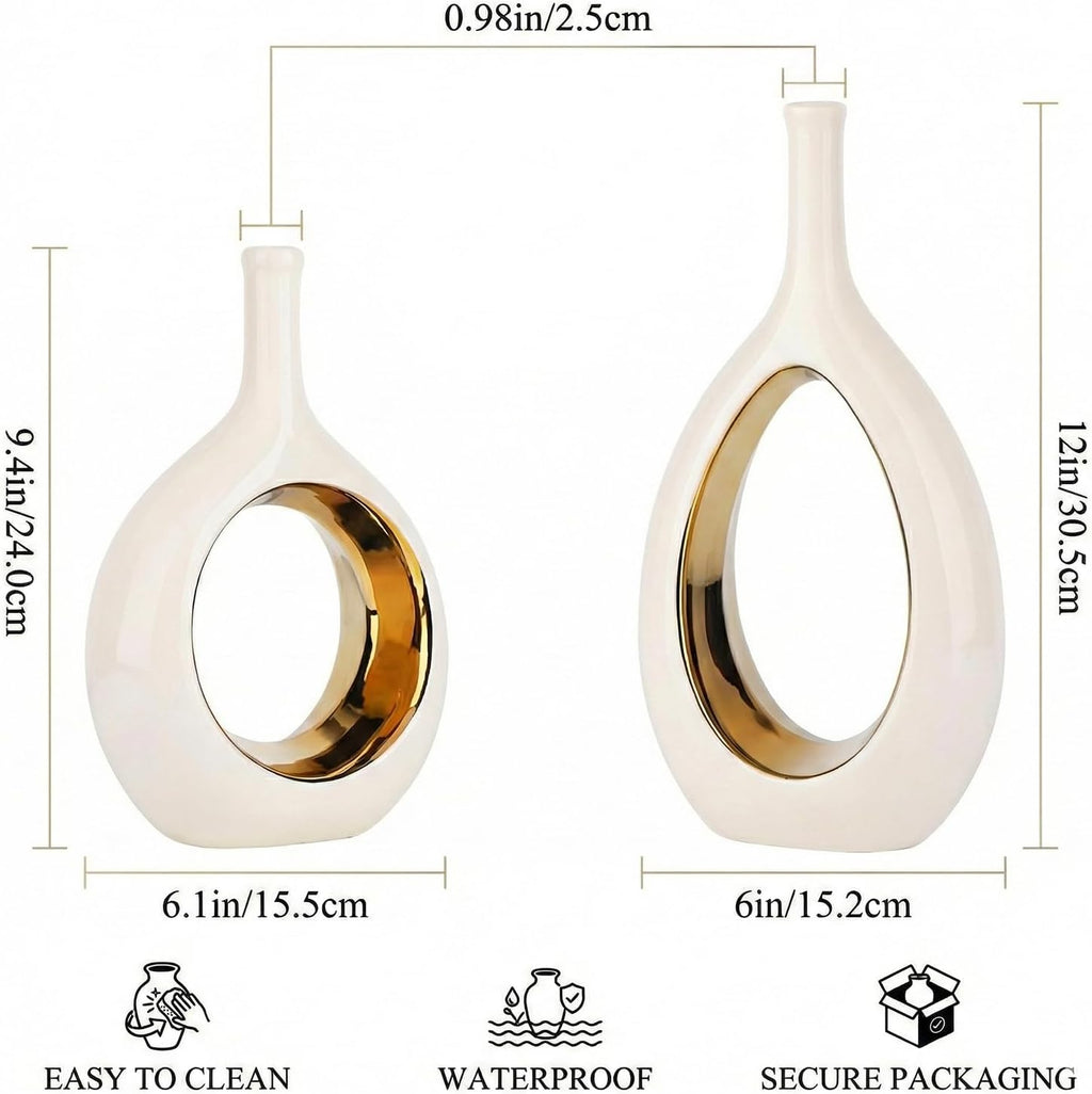 White and Gold Vase Ceramic White Vases Home Decor,Modern Minimalist Circle with Hole Decorative Vase, Hollow Ellipse Flower vases for Bookshelf, Fireplace Mantle, Centerpieces,Farmhouse,Rustic Décor