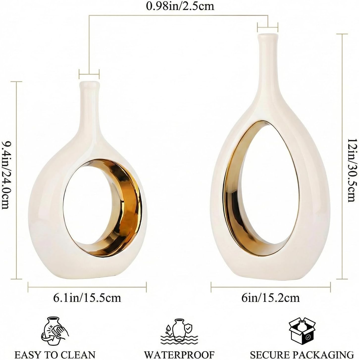 White and Gold Vase Ceramic White Vases Home Decor,Modern Minimalist Circle with Hole Decorative Vase, Hollow Ellipse Flower vases for Bookshelf, Fireplace Mantle, Centerpieces,Farmhouse,Rustic Décor